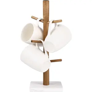 Buruis Wood Mug Holder, Marble Base Cup Rack Tree, Cup Stand Hanger, Kitchen Coffee Mug Tree Countertop Tea Cups Holder Stand, Coffee Mugs Dryer with 6 Hooks, White
