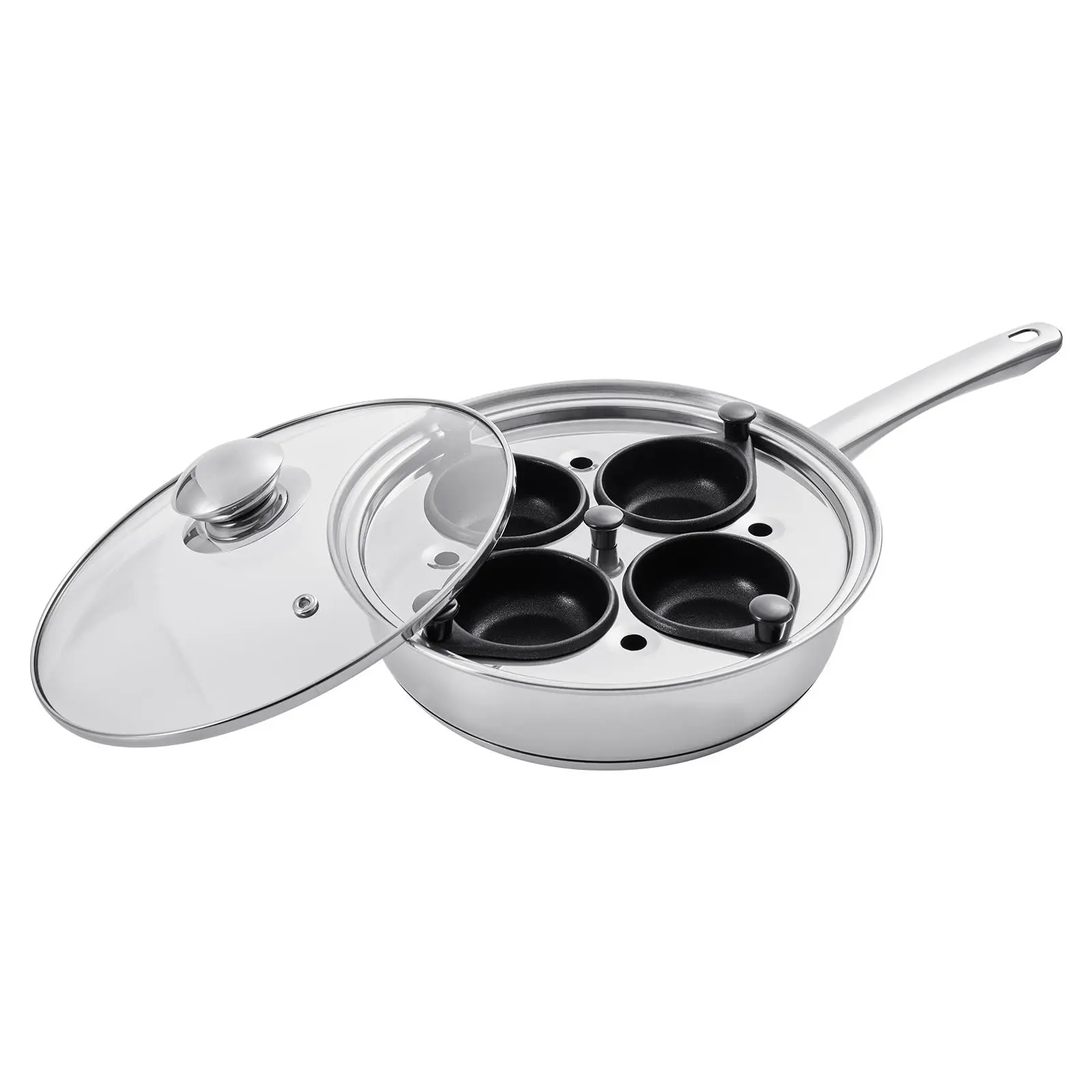 【summerfinds】VEVOR Egg Poacher Pan,  , 4-Cup Poached Egg Maker, Stainless Steel Poaching Pan and Frying Skillet, with 4 Nonsitck Detachable Large Cups, Lid, and Silicone Spatula, Compatible with Induction Stovetop, Stainless Steel Pans, Cookware