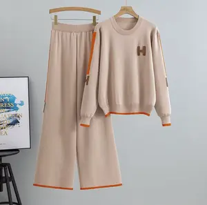 Two Piece Set Casual Knitted Fashion Women's Crew Neck Top & Loose Pants Spring Autumn Russian Woolen Suit