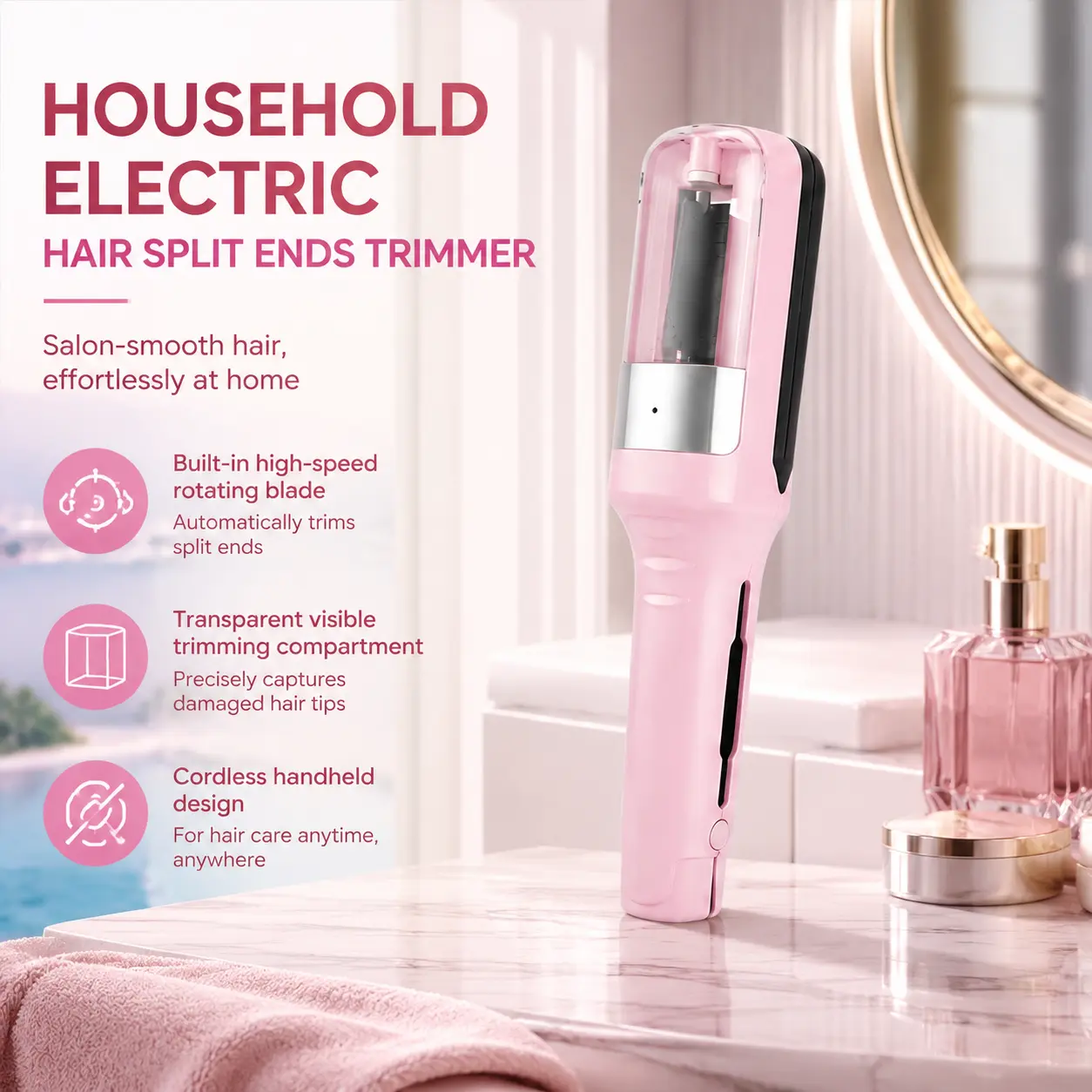 [Pink] Cordless Split End Trimmer - Repair and CareSystem | Original Cordless Split End Hair Trimmer for Dry Damaged Brittle Curly Frizzy or Straight Hair Battery Operated Home Styling Tool for Split Ends