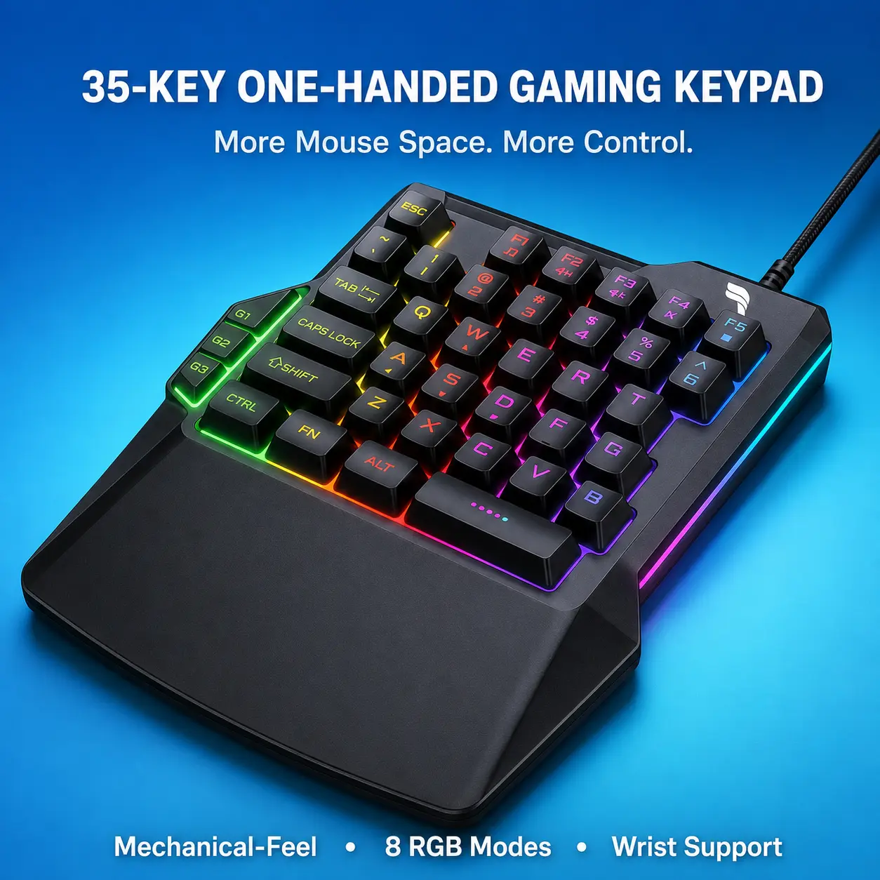 Compact 35-Key 1-Handed Mechanical-Feel Gaming Keyboard with Ergonomic Wrist Rest, 3 Macro Keys, 8 RGB Lights Modes, Wired USB, for PC Laptops, FPS Players, MOBA Games