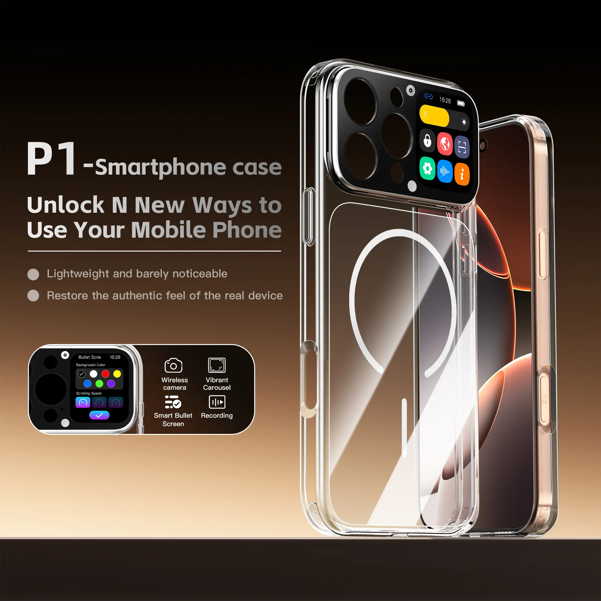 P1 Multifunctional Secondary Screen Phone Case — Compatible with iPhone 16 Pro Max. Features include Selfie Mode, Custom Scrolling Text, Voice Recording, Always-On Display Clock, Custom Wallpapers & Videos, and Payment QR Code Display
