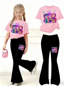 Girls' Kpop Print 2-Piece Set, Cute Clothing Set, Casual Sporty Short Sleeve & Bell Bottoms, Comfortable Elastic Waist Pants, Spring Summer