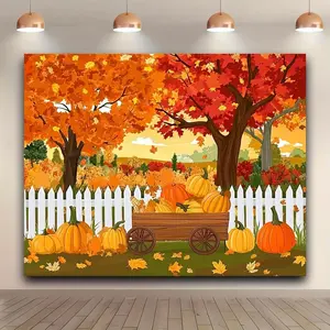 Rustic Autumn Polyester Photography Backdrop - 1pc 2D Flat Banner with Autumn Maple Trees, White Fence, Pumpkin Carriage, Vibrant Thanksgiving Harvest Scene, Photo Booth Prop, Birthday Decoration