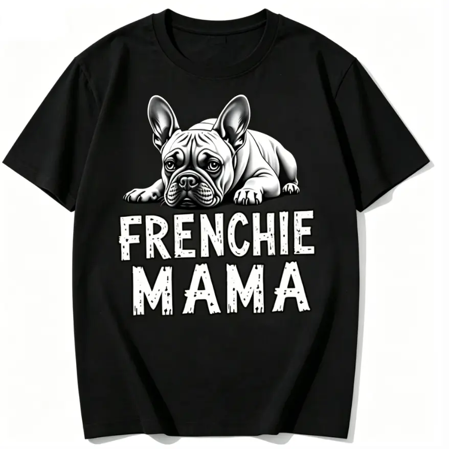 Women's Graphic Tee, Casual 100% Cotton Frenchie Mama Print, Short Sleeve Streetwear Top for Dog Mum, Shortsleeve, Lady, Soft, Tshirt, Everyday, Feminine, Leggings, Fit, Lightweight, Casual Wear, Round Neck, Relaxed Fit