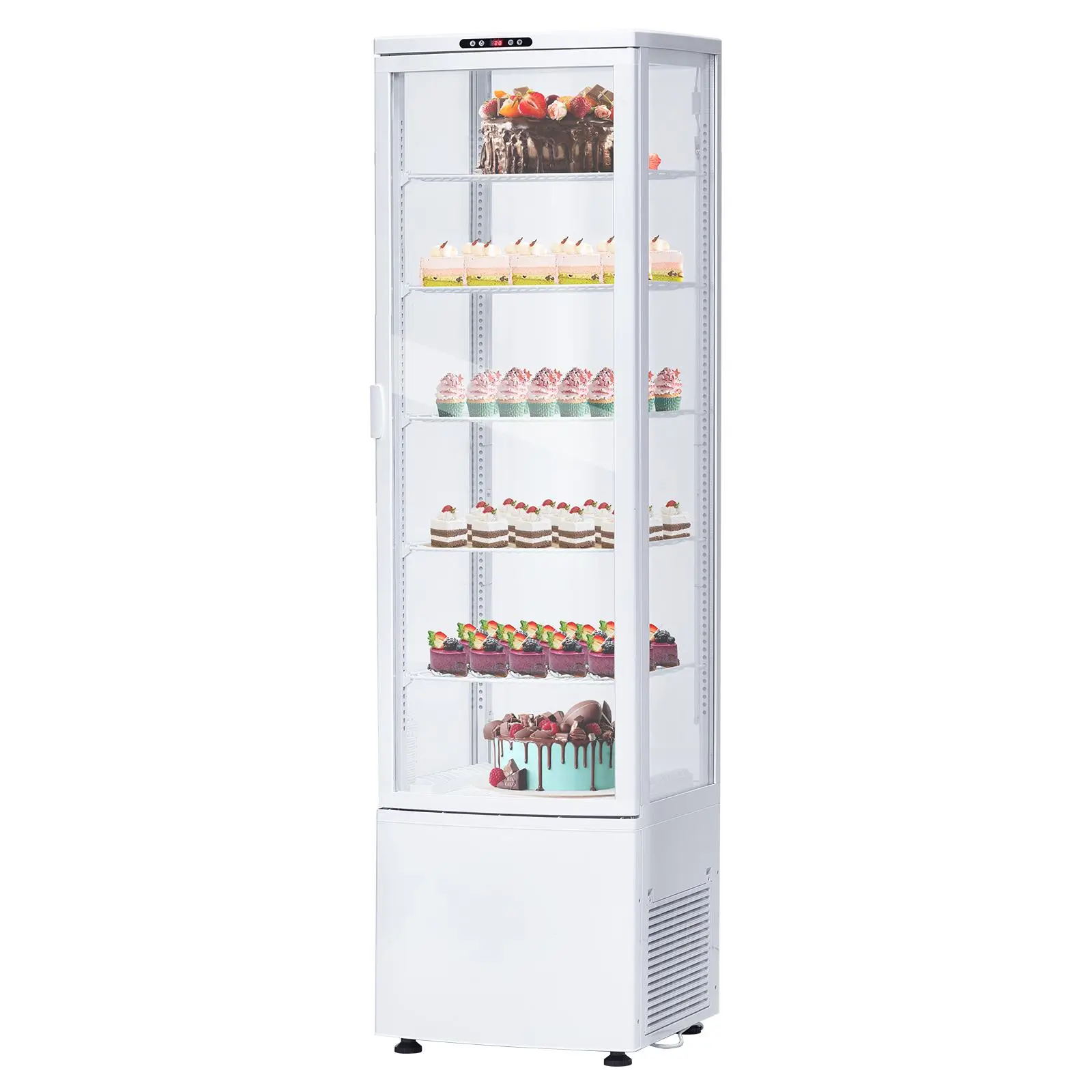 Commercial Upright Display Refrigerator 9.8 Cu.ft – Four-Sided Double-Layer Glass – Adjustable Shelves, LED Lighting – Single Door Cooler for Cake, Pastry, Beverage – For Bakery, Restaurant, Cafe, Shop – 110V
