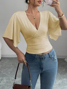 Women's Asymmetric Hem Crop Top with Ruffled Design, Casual Short Sleeve Hollow Out Blouse for Vacation Style, Trendy Summer Wear