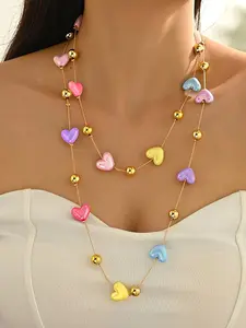 Women's Acrylic Heart Bead Necklace, Long Chain Design, Casual Fashion Jewelry for Women, Perfect Gift Idea, Heart Shaped Necklace