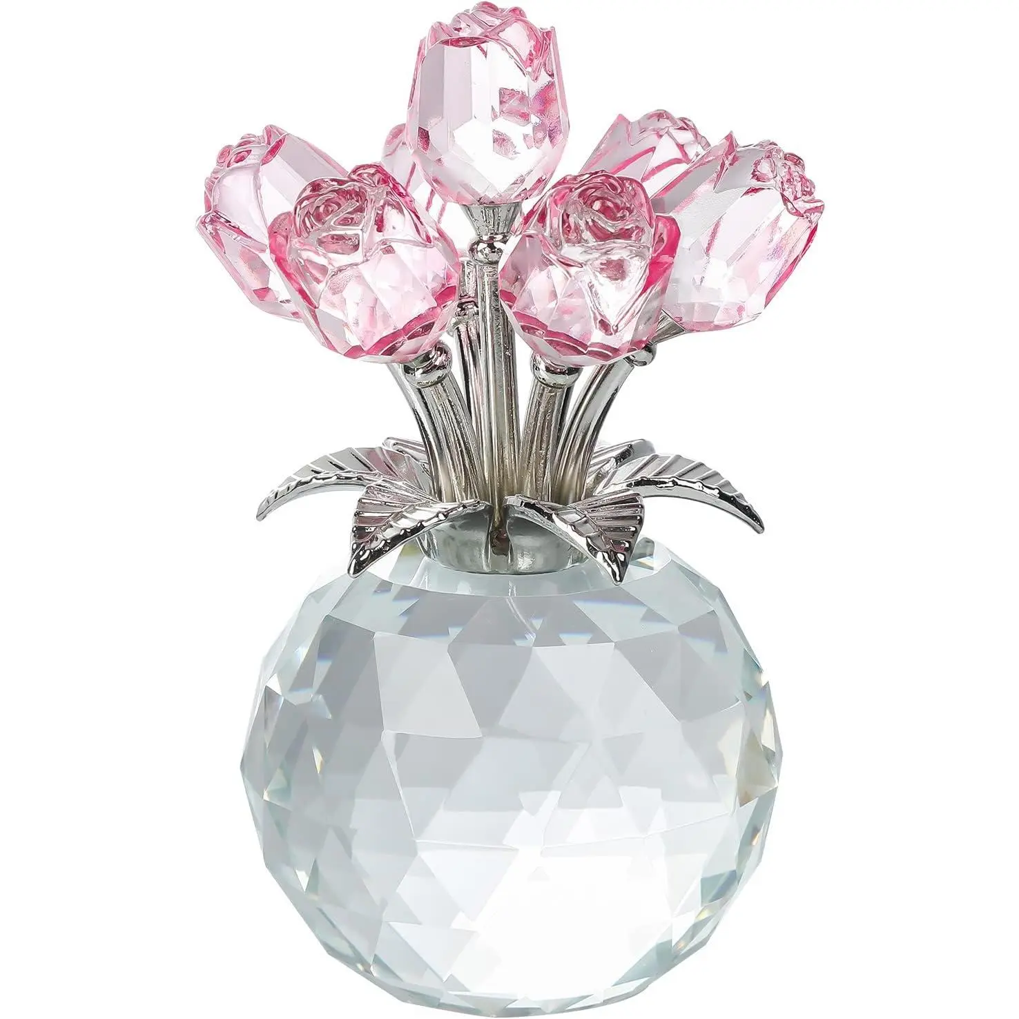 Handmade Pink Rose Crystal Figurine with Vase, Collectibles Bouquet Ornament, Women's Wedding Anniversary Gift for Home Table Decor