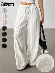 Women's Striped Waist-Tie Straight-Leg Loose Streetwear Pants, Casual Bottoms, Casual Style, Moderate Fabric Thickness, All-Season Wear