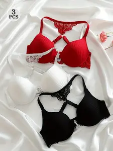 3pcs Elegant Lace Bra Set with Front Closure, High Support Push-Up Design & Contrast Lace Trim - Comfortable Non-Removable Padding, Sexy Floral Print For Women, Lingerie, Stylish Lingerie, Feminine Lingerie, Soft Fabric, Supportive Lingerie