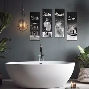 4 Piece Bathroom Wall Decor Set, Country Style Wooden Hanging Ornaments, Relaxing Breathing Design, Home Bath Room Decoration