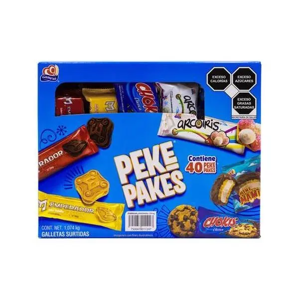PekePakes box with 40 packs. 5 of your favorite cookies! Chokis Clásicas, Arcoíris, Mini Mami, Emperador Chocolate y Emperador Vainilla! Snack