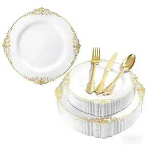 100 Piece and Gold Plastic Plate Set, Reusable Dinnerware Includes Dessert Plates, Knives, Forks, Spoons, Perfect for Halloween, Christmas, Wedding