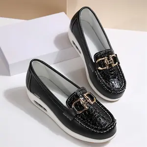 Trendy Platform Loafers for Women Air Cushion Wedge Heels with Shiny Printed Pattern Texture & Gold Buckle Indoor Outdoor Shoes