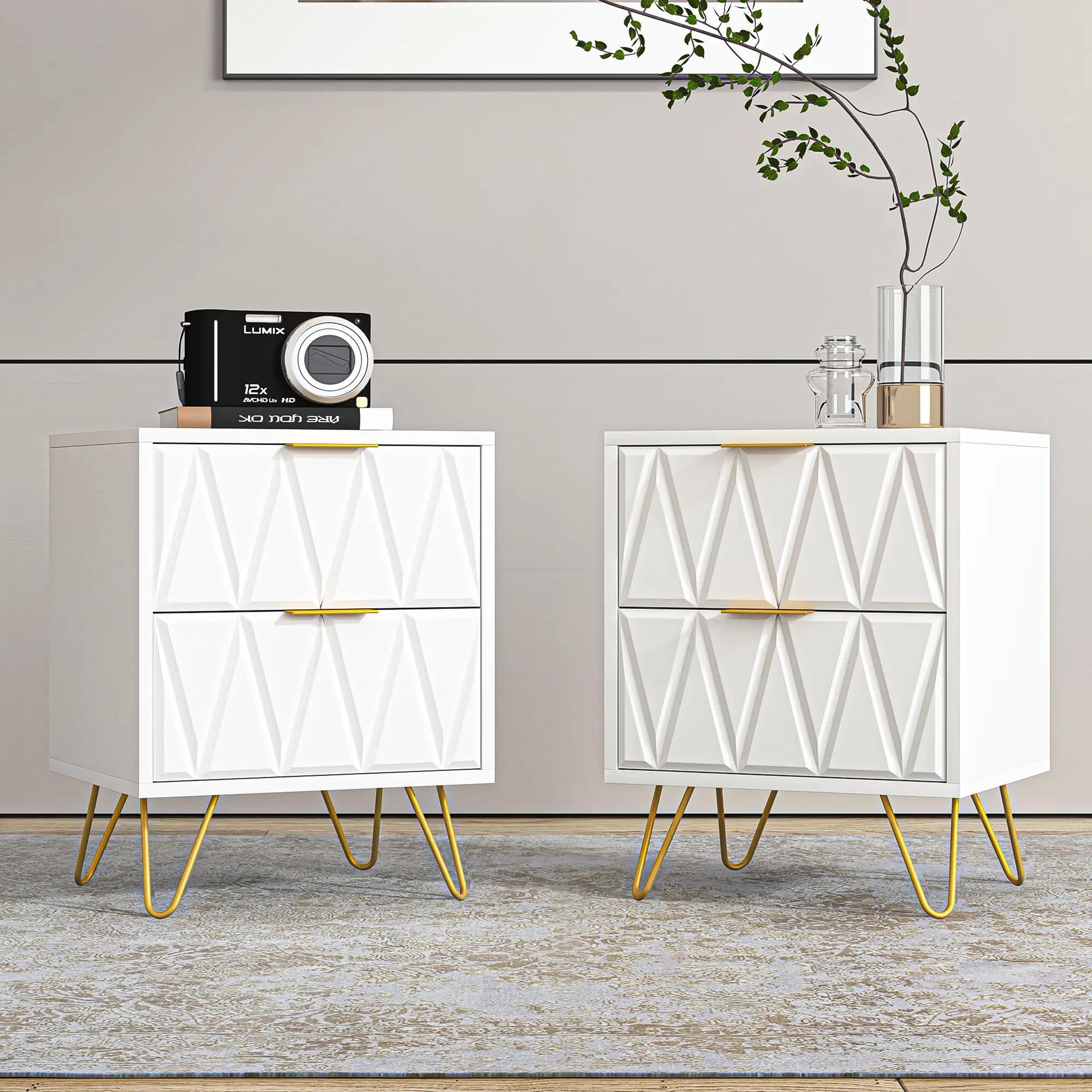Spaco 2pcs Modern 2-Drawer Nightstands - Bedroom Storage Organization Furniture, Gold Metal Legs, High Weight Capacity, Apartment & Living Room Furniture