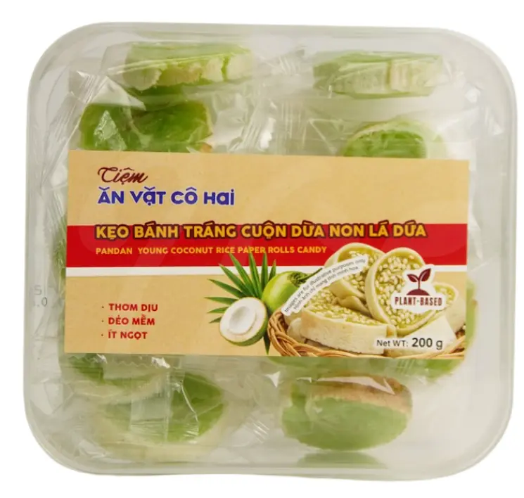 [AVCH] Bite-Sized Roll Shape Sugar Base Pandan Young Coconut Rice Paper Rolls Candy, 200g