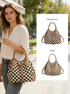Checkered Large Bucket Purse for Women, Big Handbags and Purse, Tote Bags Featuring Pockets Design, Ladies Satchel Drawstring Crossbody Shoulder Bag, Retro Top Handle Hobo Purse