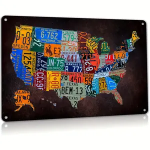 1count Vintage Plaque Poster Garage Bar Home Wall Decor, USA Map Route 66 License Plate Metal Sign Aluminum 8x12 Inches