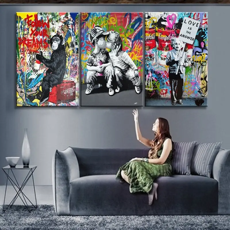 3-Piece Unframed Pop Street Graffiti Wall Art Unique Artwork Modern Abstract Design Banksy Boy Girl In Love HD Oil On Canvas Posters And Prints For Living Room Bedroom Decor Gifts