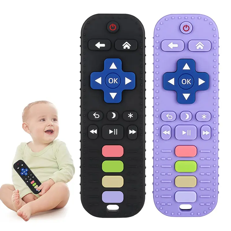 2 Pack Silicone teething toys for babies, chew toys for infants, suitable for babies aged 0–12 months and 3–24 months. Remote-control-shaped teething sticks help relieve gum discomfort and soothe teething pain. Dishwasher and refrigerator safe.