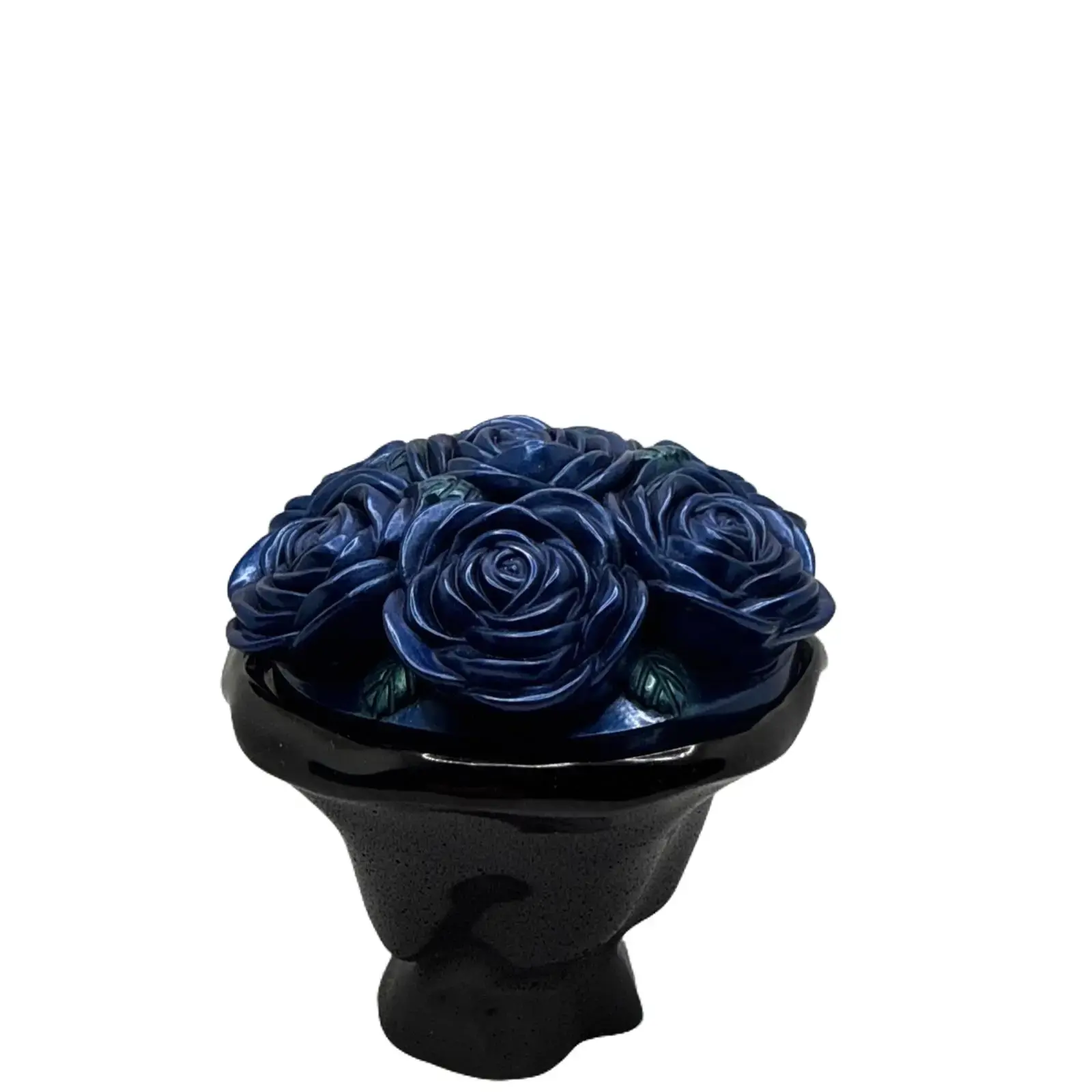 Hand made- Blue Rose Resin Decorative Trinket Jar w/ Lid, Round Black Base