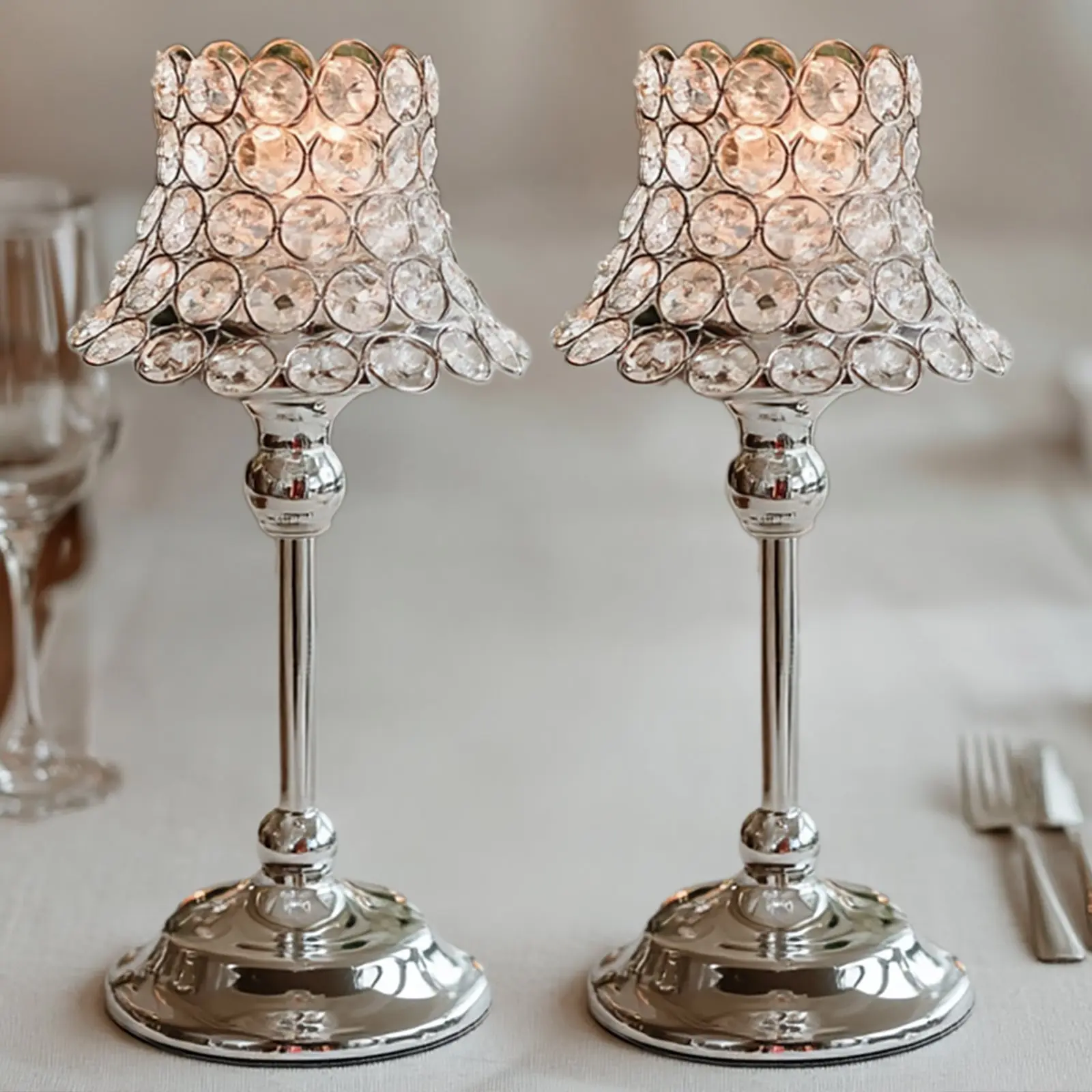 2-Pack Crystal Beaded Candle Holders - 12in Tall Silver Metal Decor, Table Centerpieces with Lamp-Inspired Shades for Wedding Events, Two Pack
