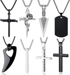 Men's 8-Pc Necklace Set - Black Plating, Silver Stainless Steel Cross Pendant Figaro Chains, 16-24in Adjustable Men's Accessories, Understated & Refined, Precisely Fits Different Body Types for Hip Hop, Gift