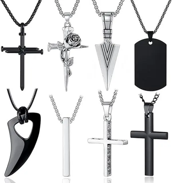 Men's 8pcs/Set Cross Necklaces - Black-Plated Silver Stainless Steel Crucifix Pendant, Figaro/Cuban Link Chains, 16-24in Adjustable Rust-Resist Skin-Friendly Steel Daily Jewelry, Silver Shine Black Edge, Street to Suit Accessory, Gift-Ready Faith Symbol,