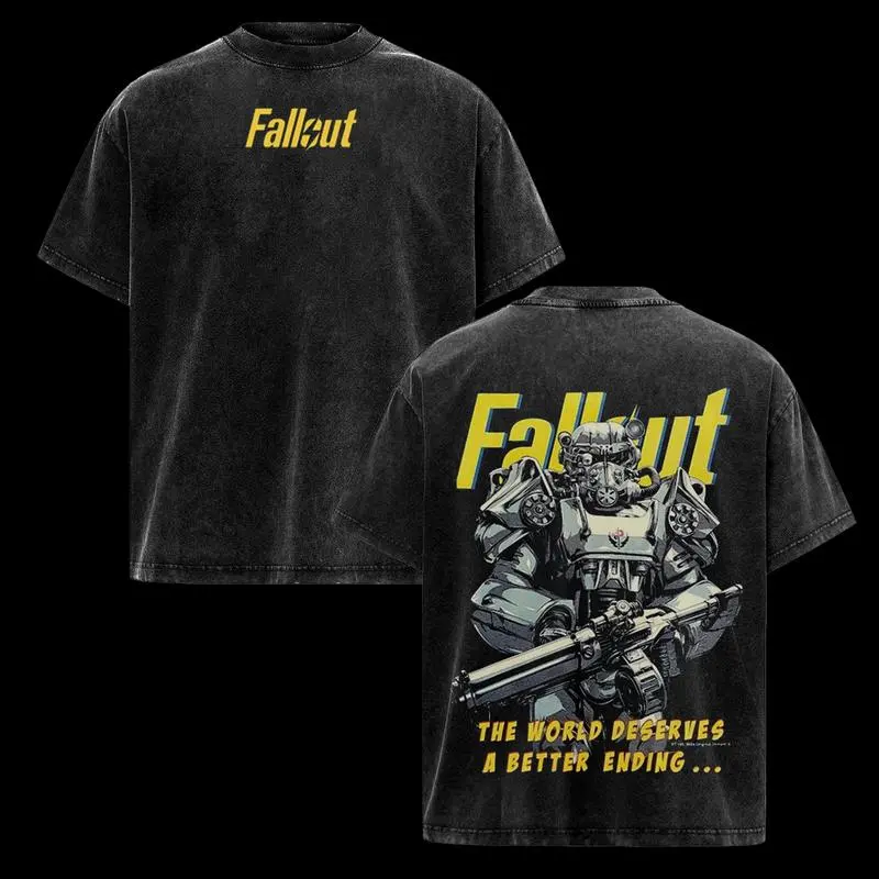 Fallout Vintage Unisex Washed T-Shirt – Retro Post-Apocalyptic Gamer Oversized Streetwear Tee, Iconic RPG Graphic Top, Classic Game Merch for Fans & Collectors, Bold Wasteland Aesthetic Casual Outfit Style