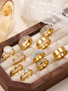 Women's Stainless Steel Ring Set, Simple Dual-Row Synthetic Zircon Design, Perfect Party & Casual Wear, Ideal Gift for Her, Fashion Stackable Rings