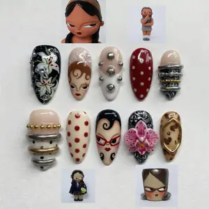 Vintage Doll Press On Nails | Retro Polka Dot & Leopard Nail Art | 3D Sculpted Character Nails | Statement Long Almond Nails