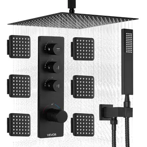 VEVOR Shower Faucet Set, 16 Inch Thermostatic Ceiling Mount Rainfall Shower System with 6 Body Jets and Handheld Spray, Rotatable 3-Function Rain Head Complete Brass Valve and Trim Kit, Matte Black