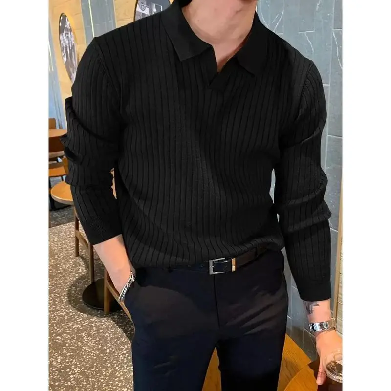 Men's Ribbed Knit Sweater, Collared Business Pullover Top, Long Sleeve Plain Stretch Knitwear for Fall Commutes, Tops, Menswear, Regular Fit, Business Wear, Medium Stretch, Fabric, Polyester
