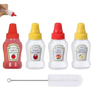 4 count Mini Condiment Squeeze Bottles with Cleaning Brush, 25ml Leakproof Mini Ketchup Sauce Bottles Refillable Ketchup/Soy Sauce/Honey/Salad Dressing Bottles Container for Lunch Box,
