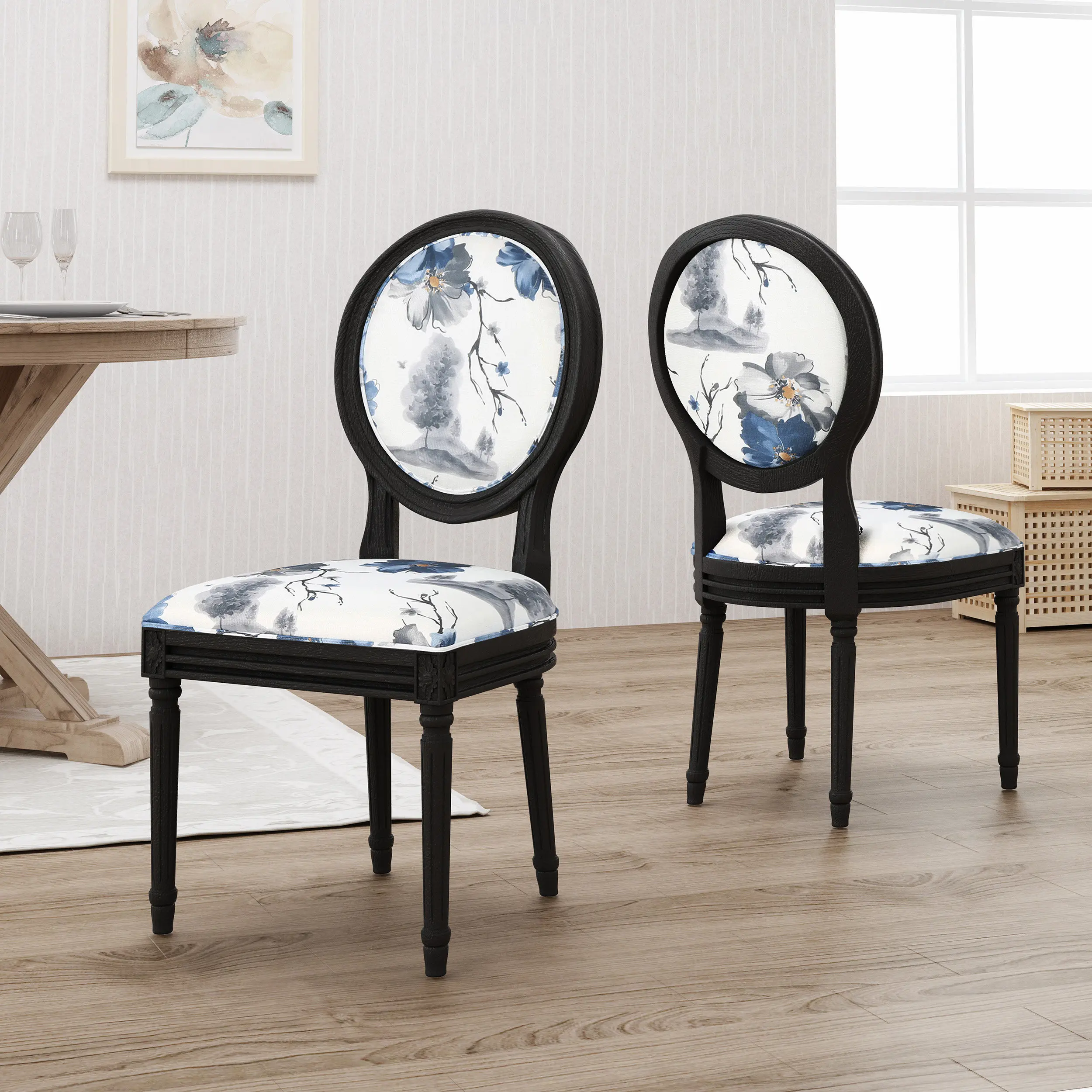 Dining Side Chair Set of 2, Louis XVI Style Upholstered Fabric Chairs with Solid Rubberwood Legs, Engineered Wood Frame, Stain-Resistant, for Dining Room, Living Room, Kitchen, Blue+Multi