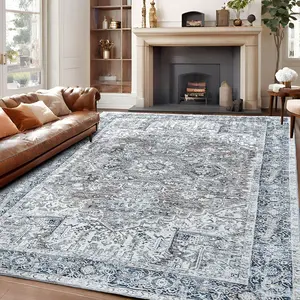 Blue Rug Living Room Rugs: 8x10 Washable Boho Large Vintage Moody Soft Distressed Oriental Stain Resistant Non-Slip Indoor Floor Carpet for Bedroom Playroom Office Dining Room Retro Home House