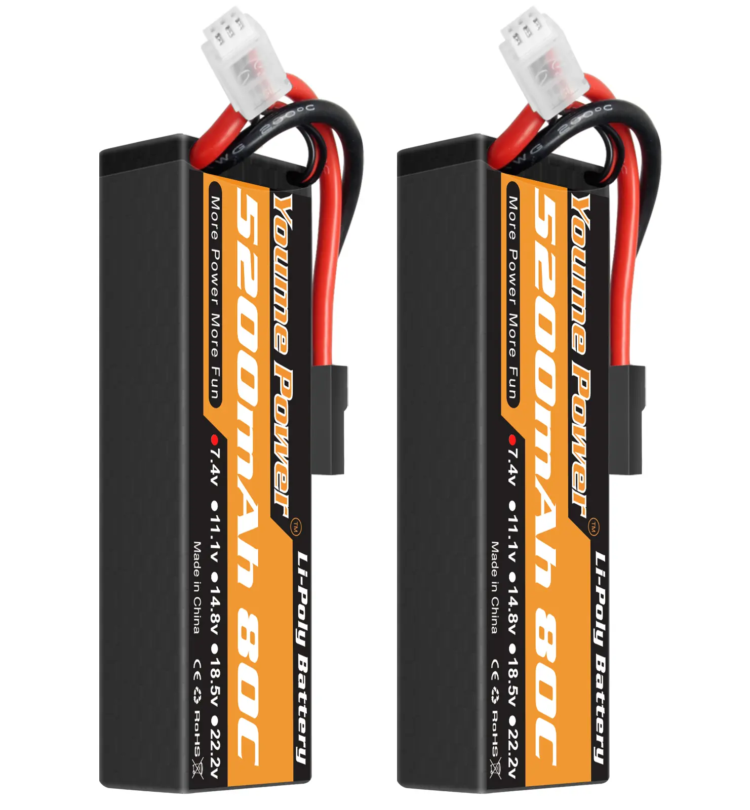 2-Pack 2S 7.4V 5200mAh 80C High C-Rate Hard Case Lipo Hobby Batteries with Tr Plug, Compatible with Above 12 Age 1/10 & 1/8 RC Cars, Trucks, Buggies, Tanks, Boats