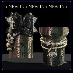 Chunky Black and Silver Skeleton and Spider Charms Straw Bow and 4 Tier Bracelet Stack