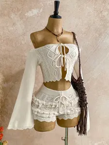 Women's Fashion Sexy off Shoulder Tie Sweater Set, Spring Summer Top and Short Skirt Set, Casual Vacation for Dates and Evening Events