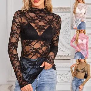 Women's Mesh Long Sleeve Tops Floral Sheer See Through Sexy Cozy Mock Neck Shirts for Party Club Night Blouses Casual Womenswear Elegance Fashion