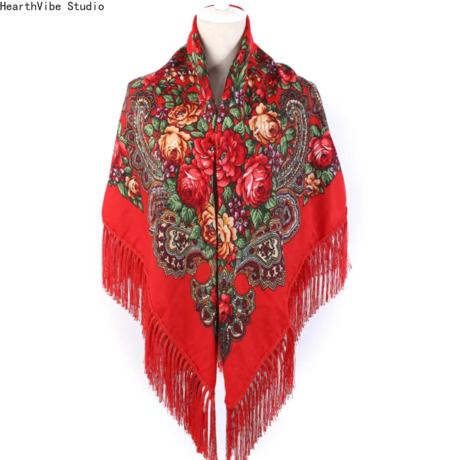 Women's Vintage Slavic Floral Headscarf - Russian Babushka Fringe Trim Shawl, Traditional Folk Rose Large Square Winter Sports Headband for Travel, Church Gifts (Sports & Outdoor Accessories), Slavic Folk Style, Travel‑Ready Scarf