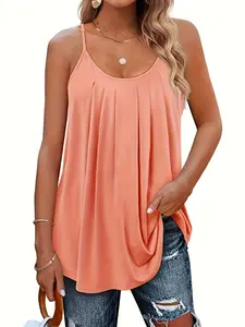 【Plus Size】Plain Plicated Scoop Neck Cami Top, Casual Adjustable Spaghetti Strap Top for Summer, Summer Outfits 2024, Women's Plus Size Clothing for Daily Wear