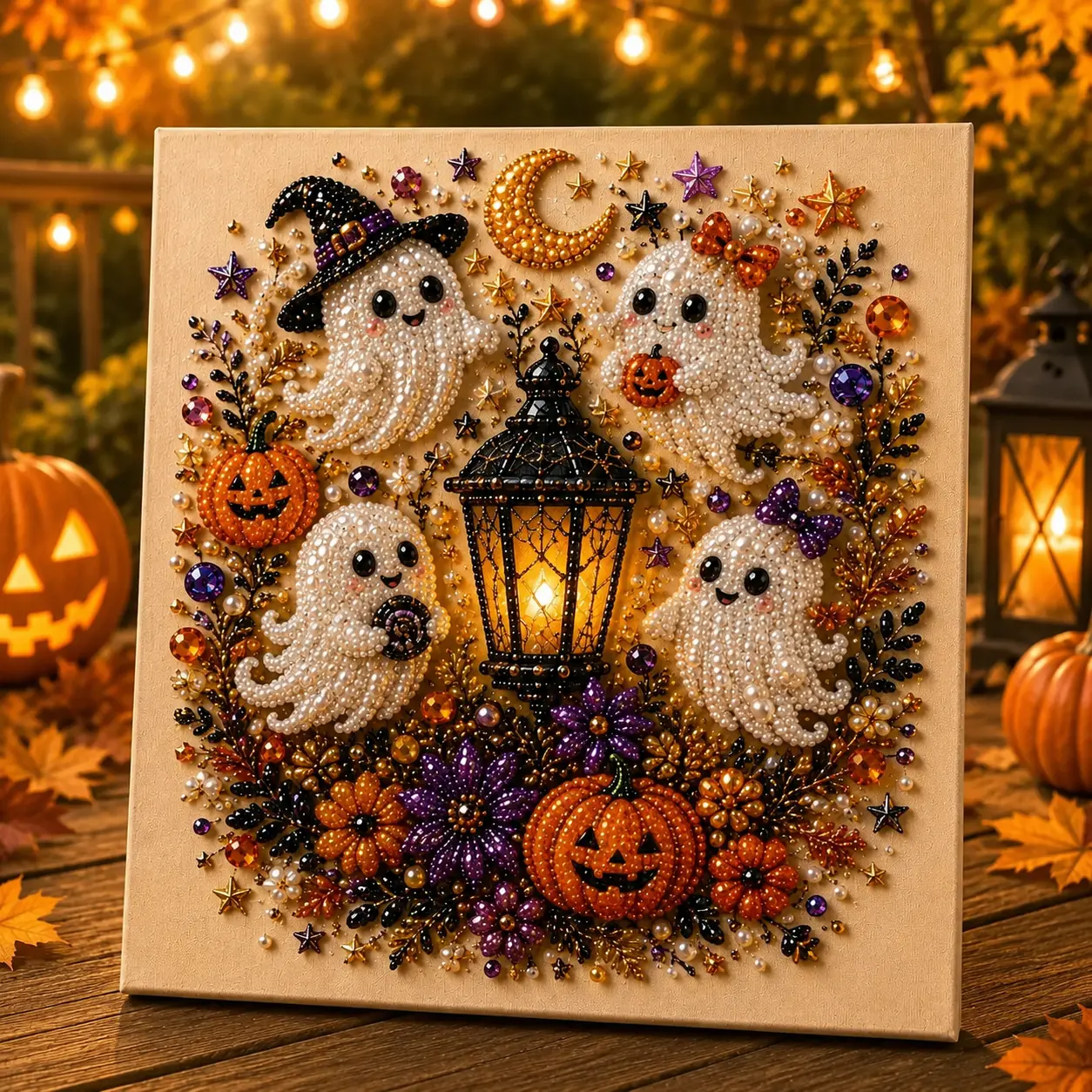 Small Size No light Spooky Cute Ghost 8inx8in Themed Pearl 3D Diamond Painting DIY Kit, Multipurpose Fall Season Handicraft Set, Beautiful Wall Art Furnishing Accessory for Household Indoor Decoration & Holiday Party Present