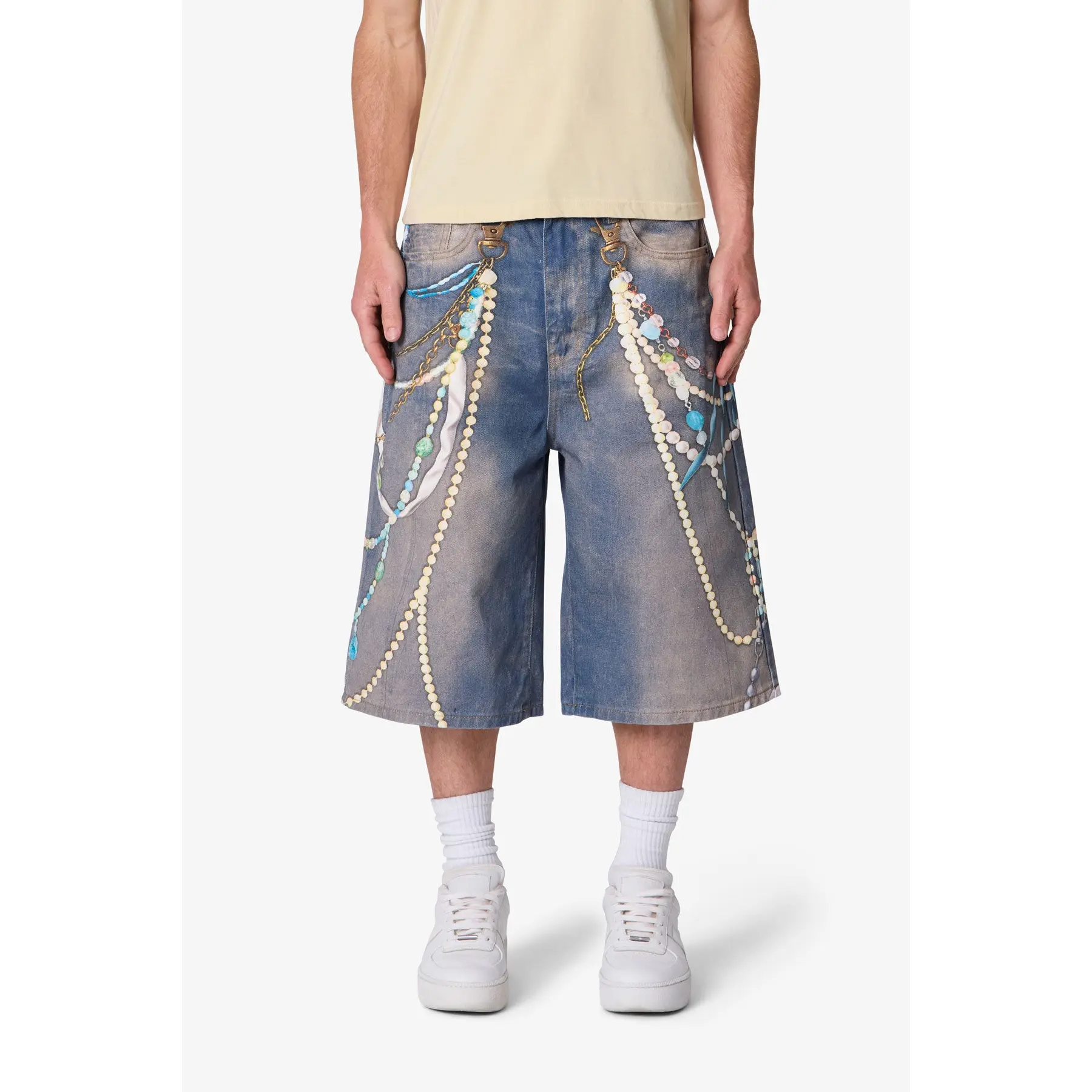 mnml Ultra Baggy Chain Printed Denim Shorts - Light Blue