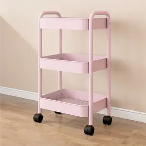 3 Tier Rolling Cart, Metal Utility Storage Cart on Wheels with Handle and 6 Hooks, Craft Organizer Cart for Classroom, Office, Dorm,Home-White/Pink