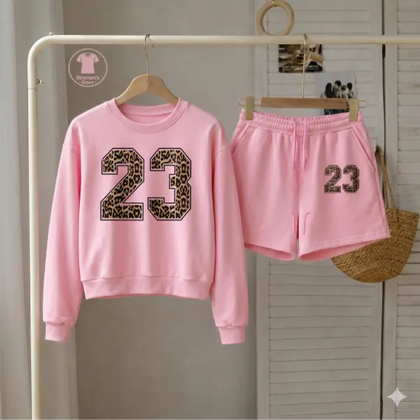 Women’s Leopard Print Number Graphic Sweatshirt and Drawstring Shorts Set, Casual 2-Piece Outfit, Long Sleeve Pullover Top and Matching Shorts Set, Cute Comfortable Loungewear for Daily Wear, Travel and Spring Fall Fashion