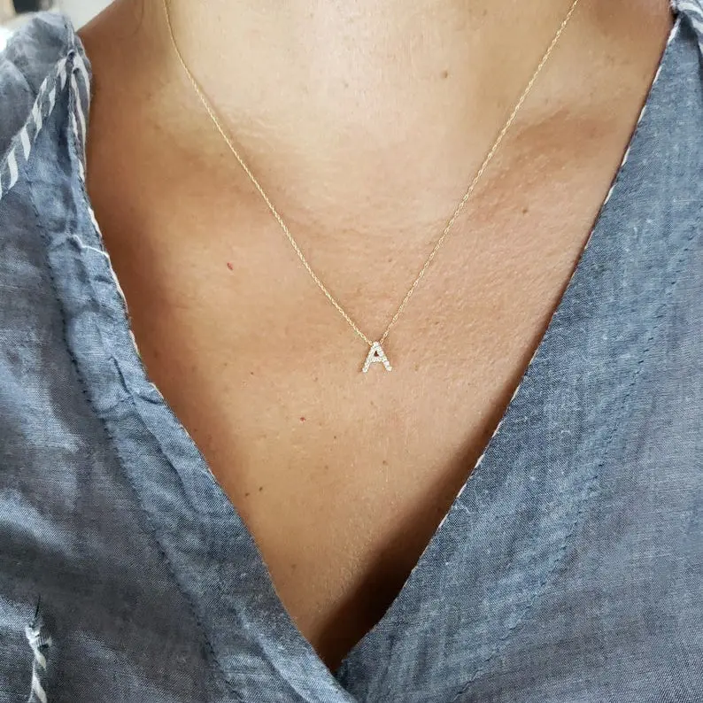 14Kt Gold Initial Letter Diamond Pendant Necklace