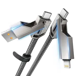 [Upgraded] 4-in-1 USB C Cable 60W 5FT Lightning Cable Fast Charging Flat Nylon Braided for iPhone iPad Charger Cord [480Mbps Data Sync] Multi Charge Wire Combo with Lightning/Type C/USB A Port