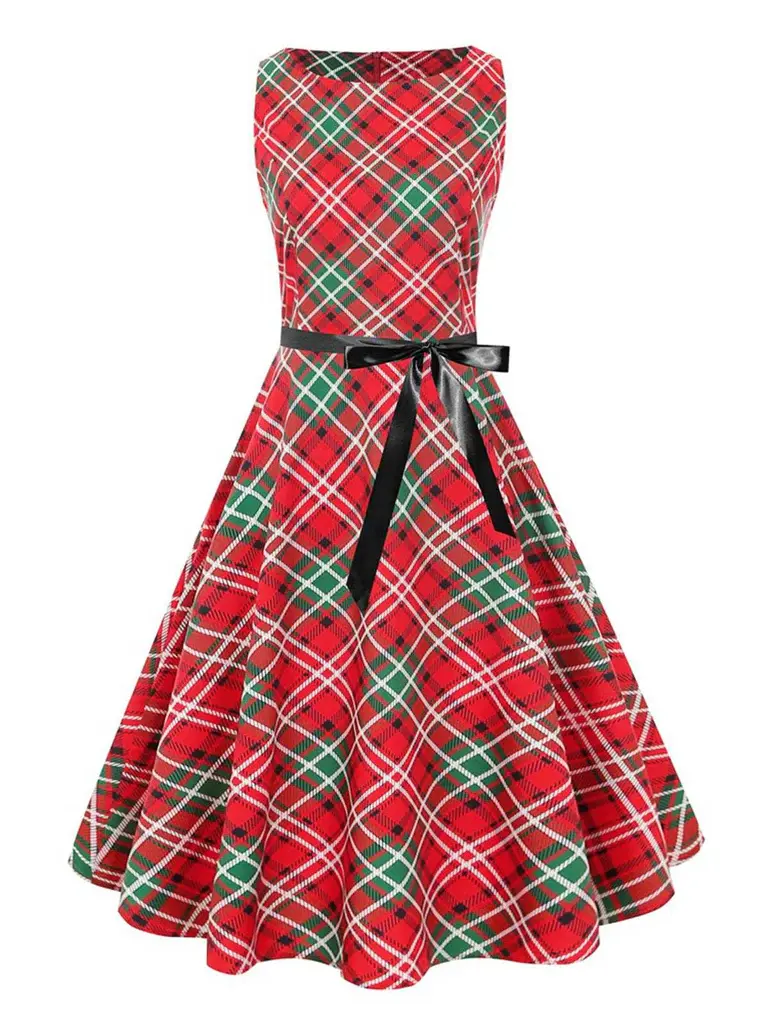 RETRO STAGE Women's 1950s Red Christmas Plaid Sleeveless Classic Fit Polyester Dress - with Black Bow Belt, Zipper, for Festive Casual Occasions, Casual Wear, Retro Casual Dresses